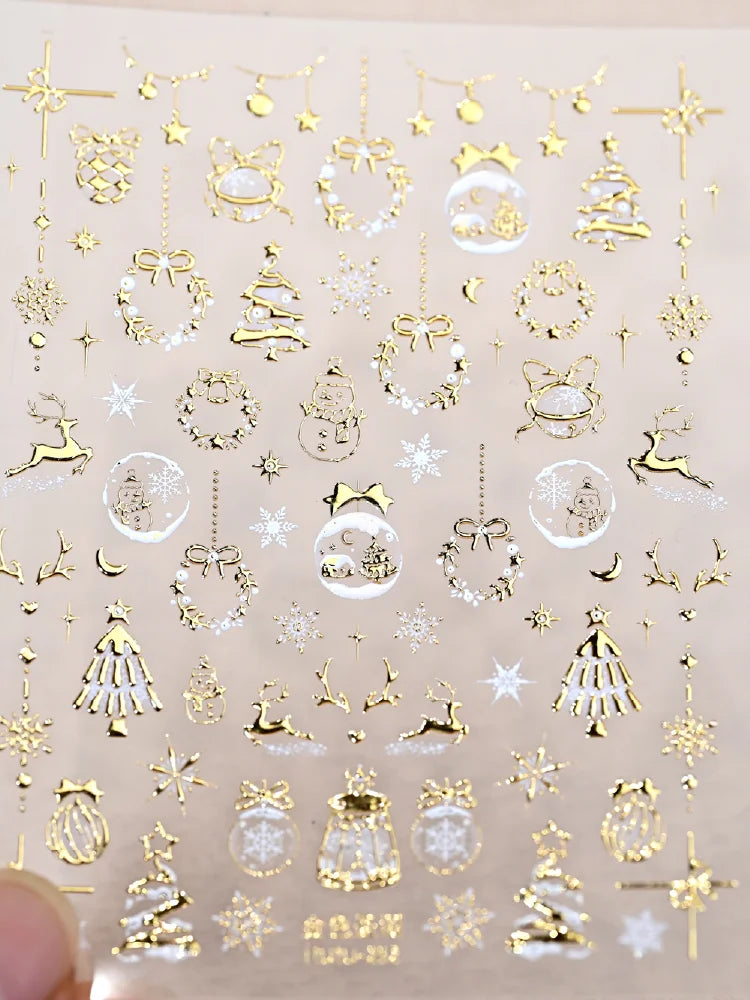 1pcs Aurora Pink Christmas Tree Bow Wreath Nail Art Stickers Cute Pink Stocking Snowflakes Nail Decals Self-Adhesive Xmas Decor
