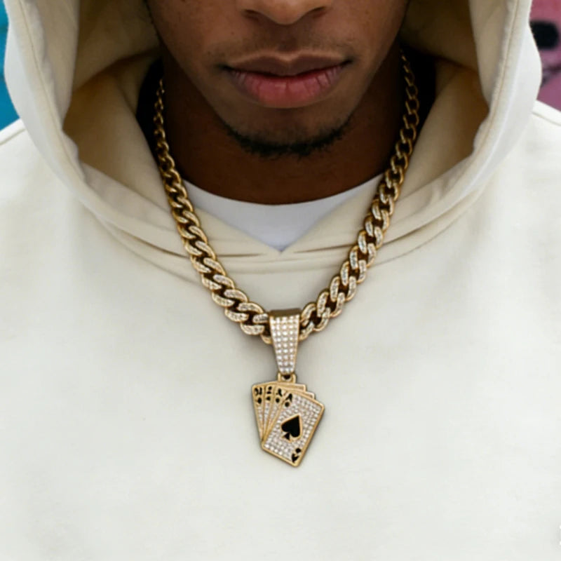 Men Women Hip Hop Playing Card Poker Pendant Necklace Crystal Cuban Chain HipHop Iced Out Bling Necklaces Fashion Charm Jewelry