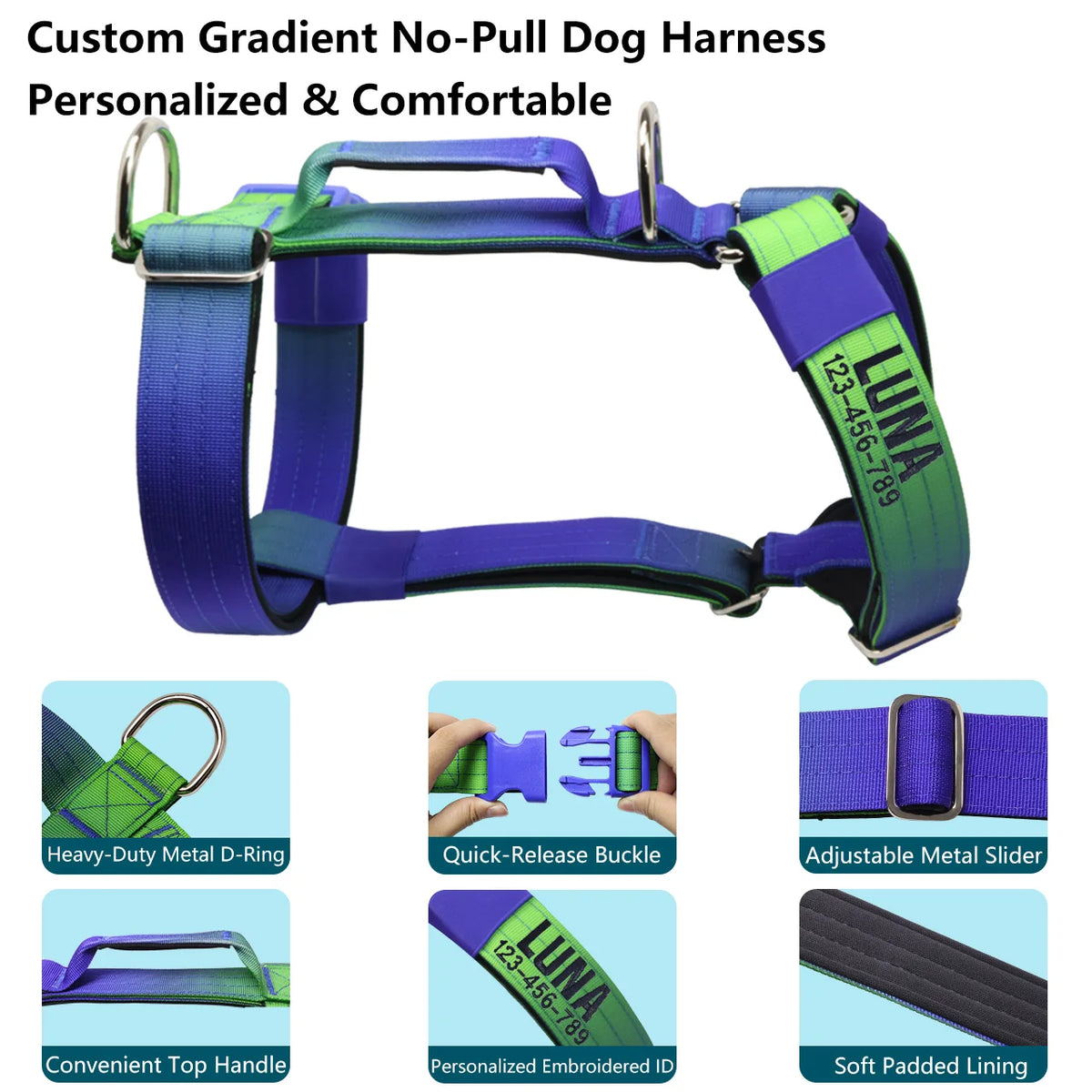 No Pull Reflective Dog Harness, Adjustable Chest Vest for Small Medium Large Dogs, Custom Embroidered Name & Phone