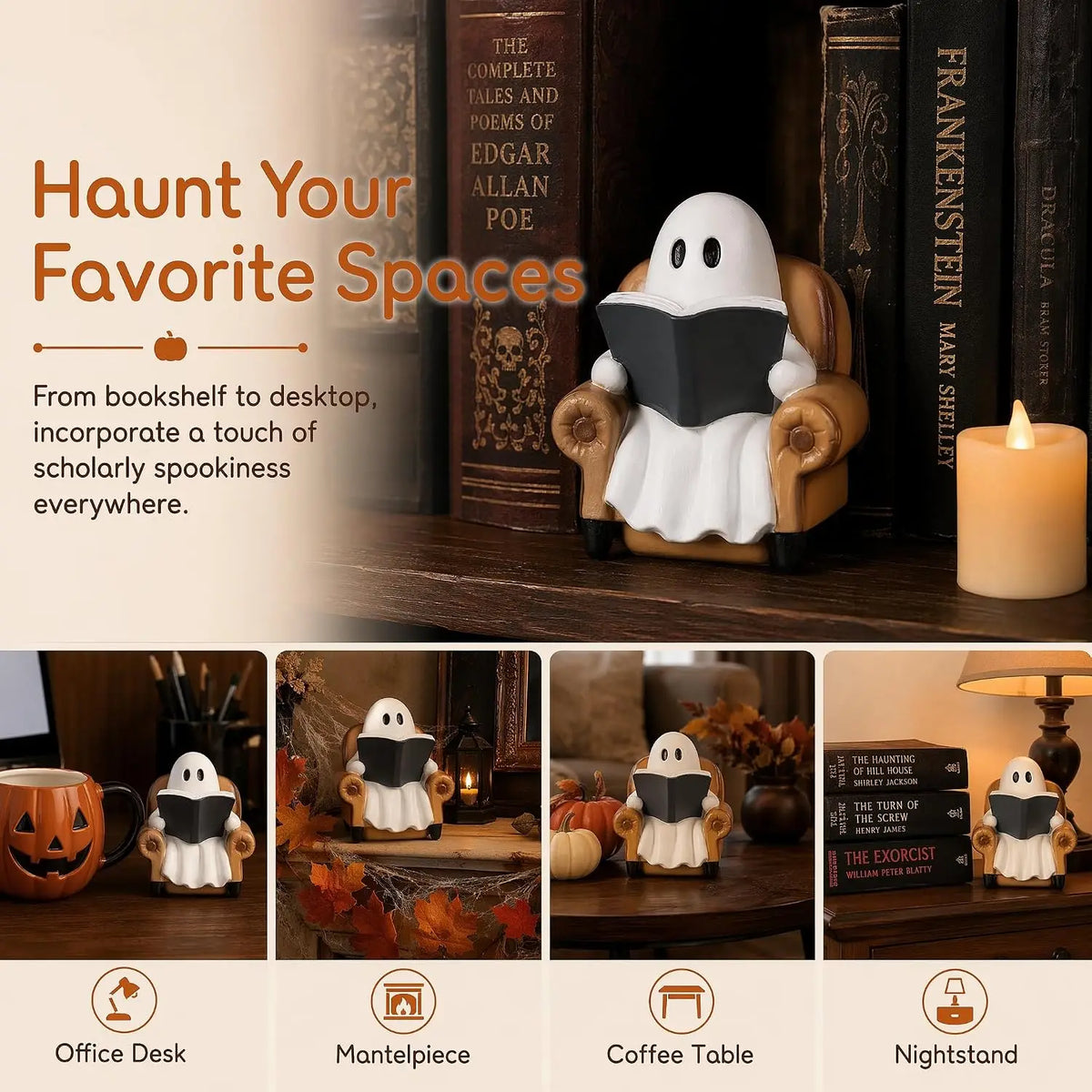 1 Piece Halloween Ghost Figurine Sitting on a Sofa Reading a Book, Ghost Halloween Decoration, Cute Ghost Decor, Halloween Decoration, Gift for Indoor Book Lovers