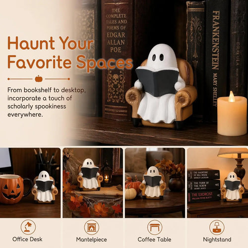 1 Piece Halloween Ghost Figurine Sitting on a Sofa Reading a Book, Ghost Halloween Decoration, Cute Ghost Decor, Halloween Decoration, Gift for Indoor Book Lovers