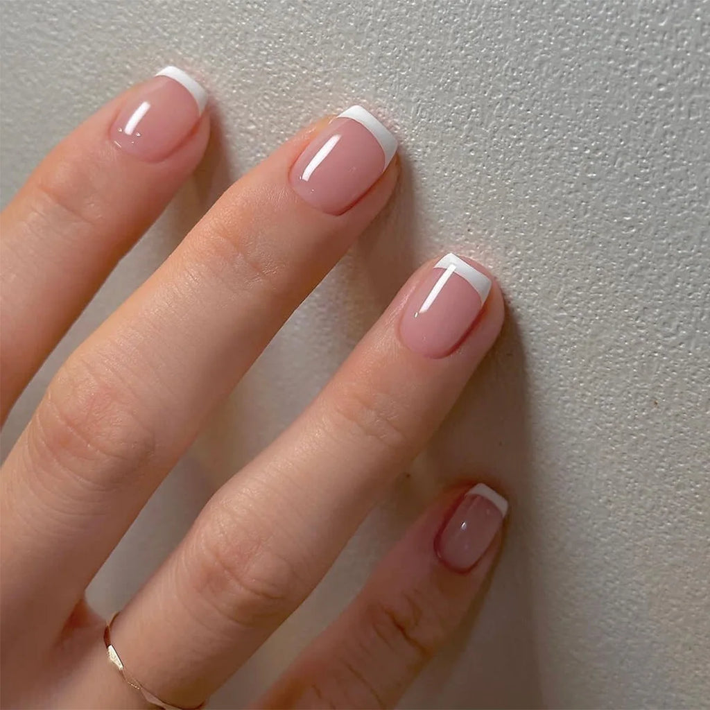 24Pcs Simple Square Head Fake Nail with nude design White Gradient French Press on False Nails Short Full Cover Nail Tips