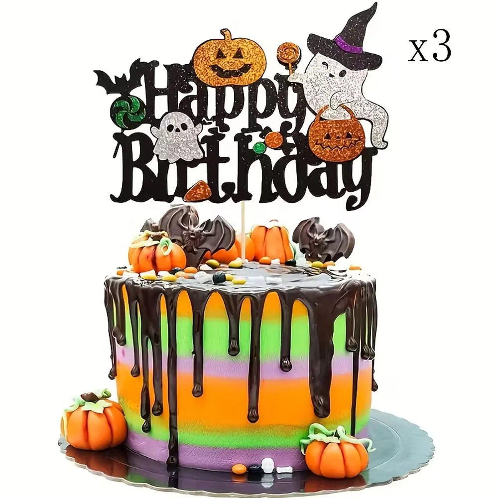 1/3 Halloween Cake Decoration - Spooky Birthday Party Decoration with "Happy Birthday" Text, Glittering Pumpkin, Bat - Wooden Ca