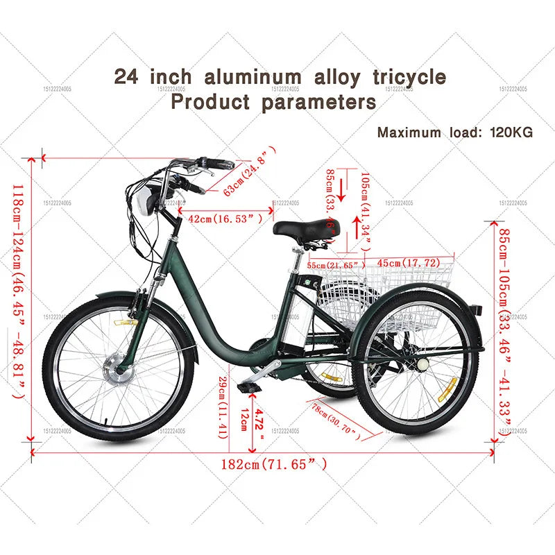 24" Adult Electric Tricycle 36V12Ah Lithium 350W Shimano 7-Speed LCD Disc Brake 120KG Load Foldable Cargo 3 Wheel Electric Bike