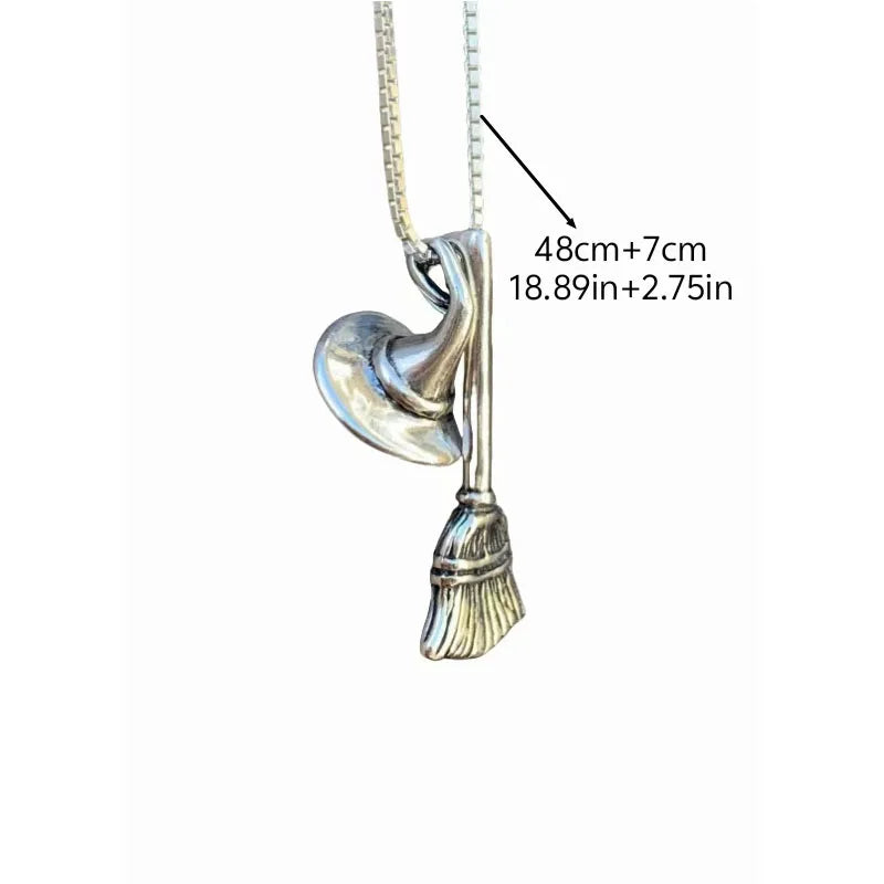Vintage Personalized Irregular Witch Hat Broomstick Pendant Necklace Halloween Fashion Jewelry For Men and Women