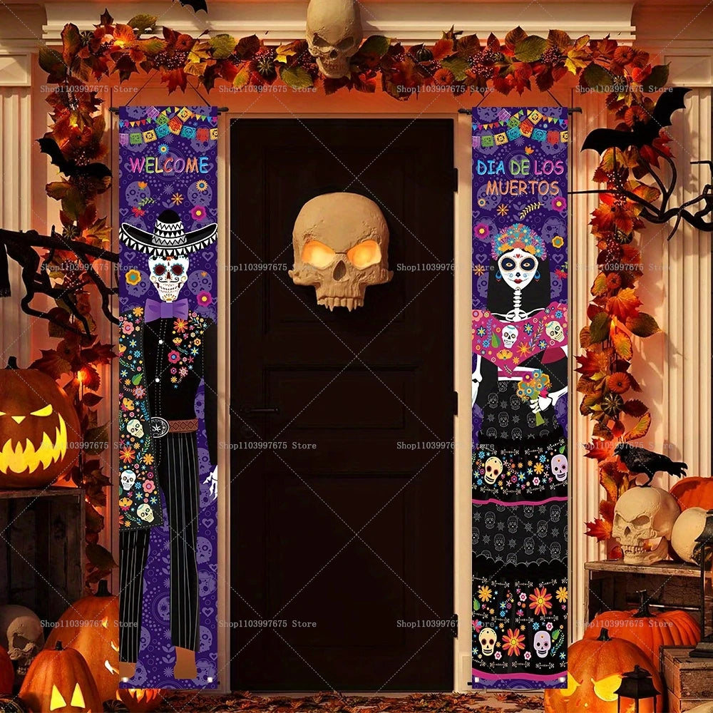 Halloween Decorations Dia De Los Muertos Porch Sign Banners Mexico Day of The Dead Hanging Banner for Indoor Outdoor Wall Decor