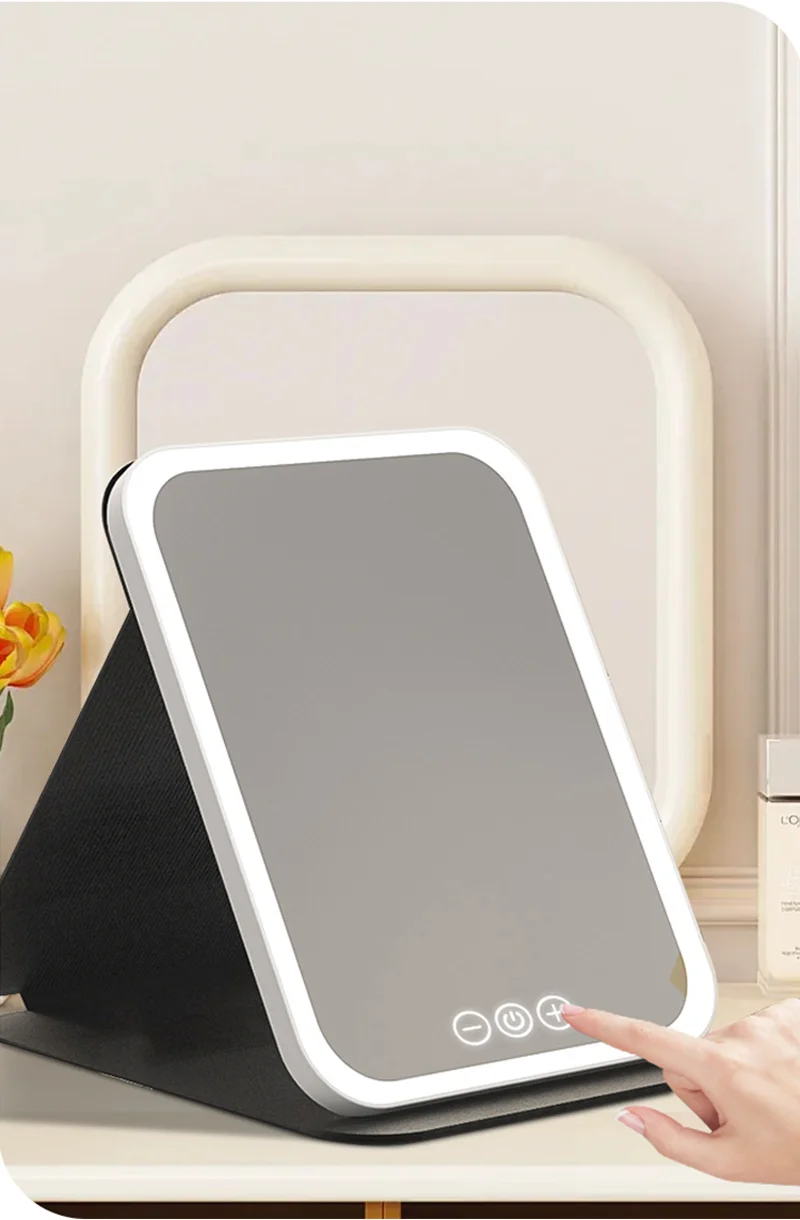 LED Makeup Mirror 3 Colors Lighting Dimmable with Touch Screen Fold Cosmetic Makeup Mirror Rechargeable Tabletop for Travel Home