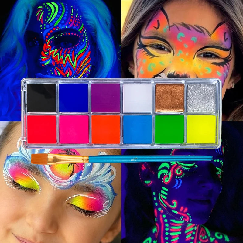 12-color UV Luminous Face Body Painting Palette Set With Brush,UV Glow Neon Face Body Paint Kit Glow For Halloween Makeup Party