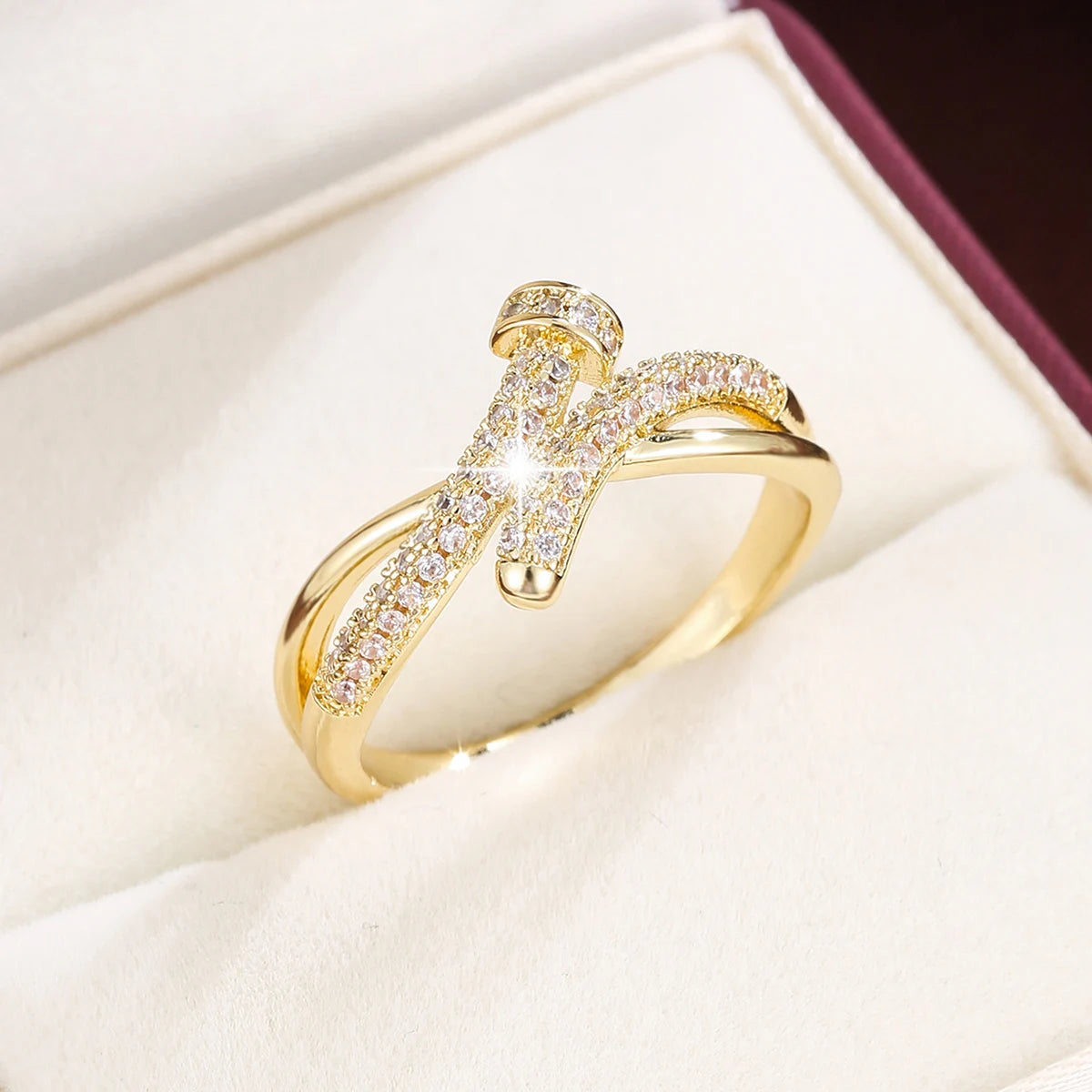 Fashion Twisted Rivet Women's Ring Elegant CZ Lines Cross Ring for Daily & Party Wear