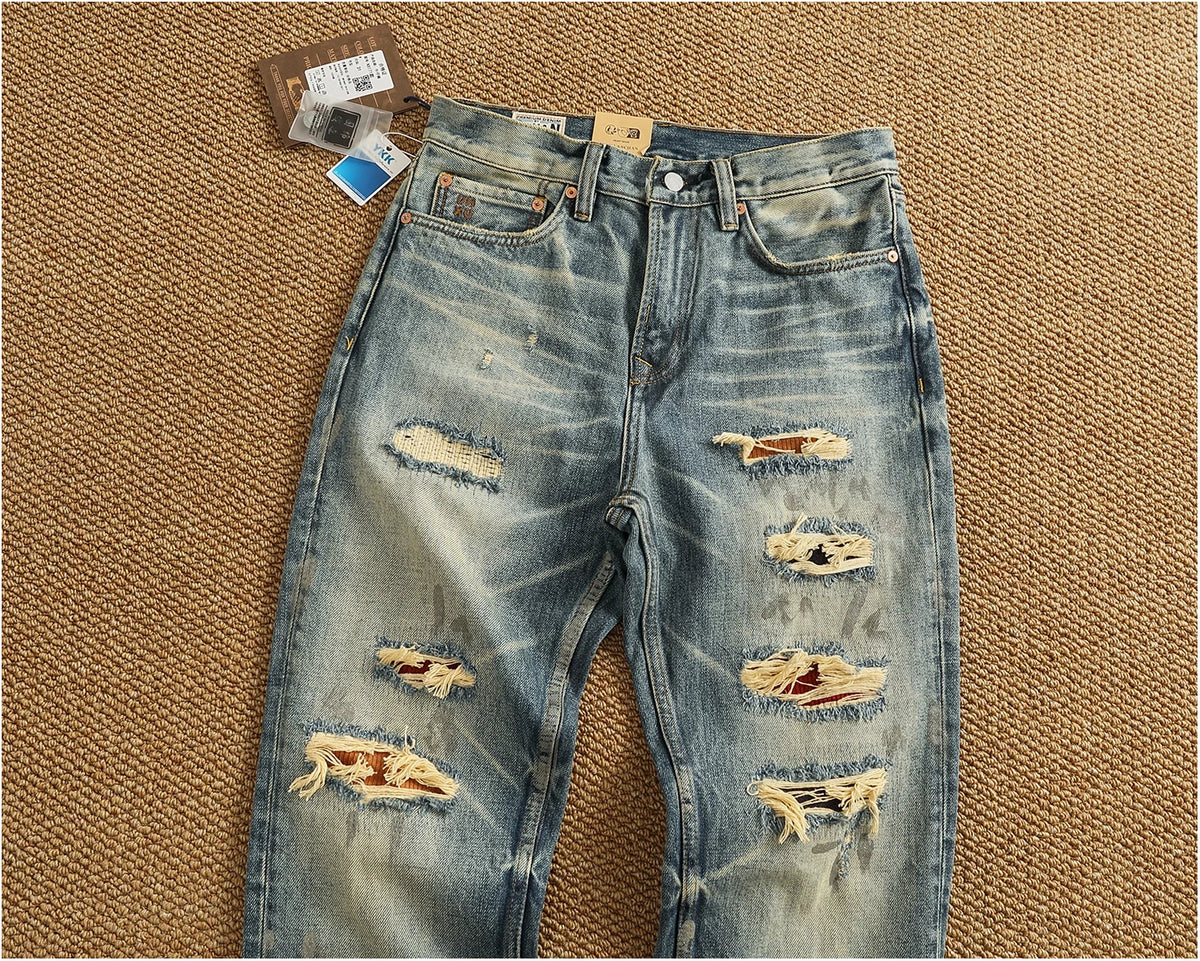 2025 Autumn New American Retro Heavyweight Ripped Denim Men's Fashion 100% Cotton Washed Old Straight Tapered Casual Jeans