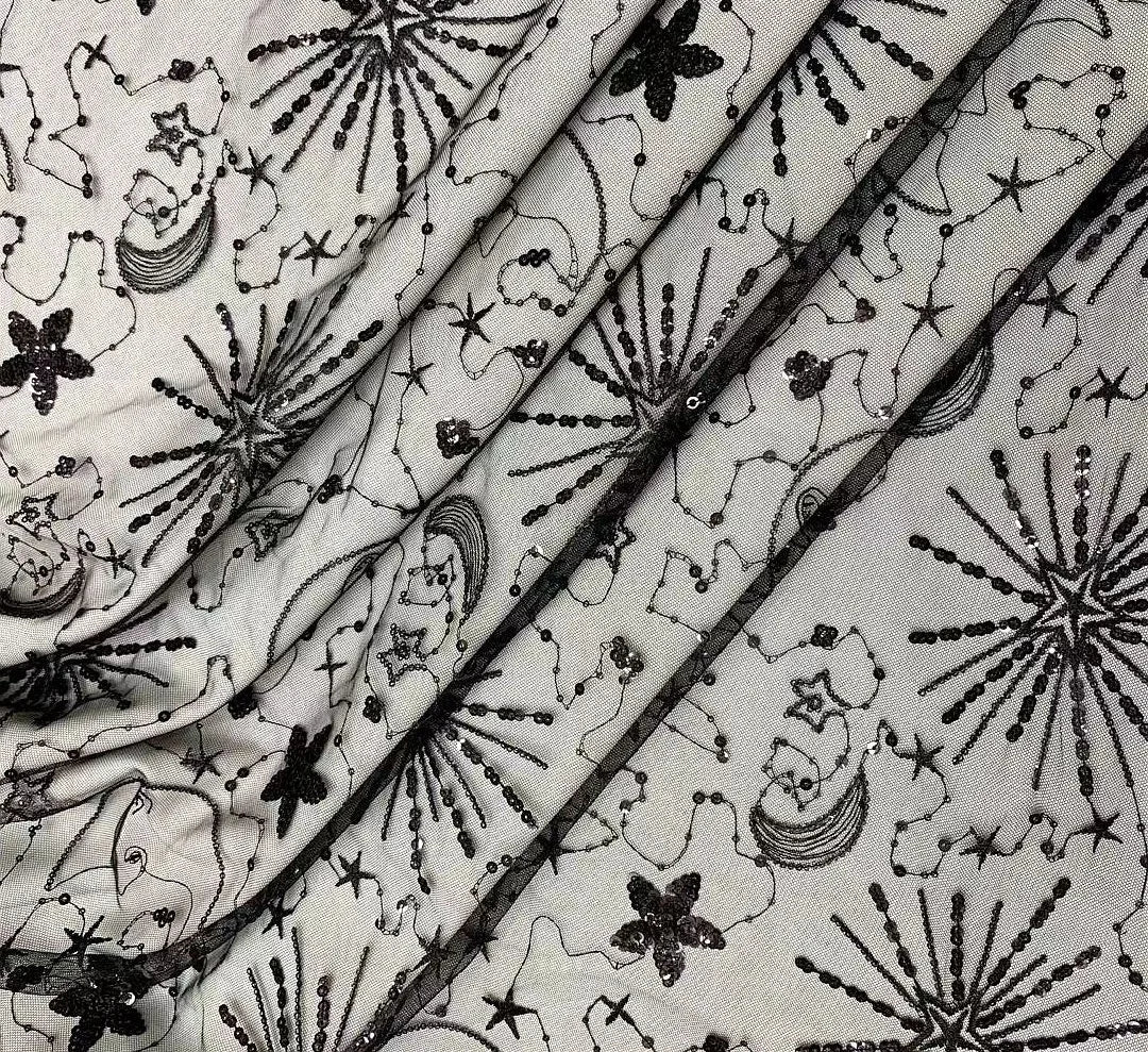 130cm wide Black/Apricot /Pink /Silver Sequins Embroidery Lace Fabric Star Moon Beads Embroid Fabric Sequin Dress Material X880