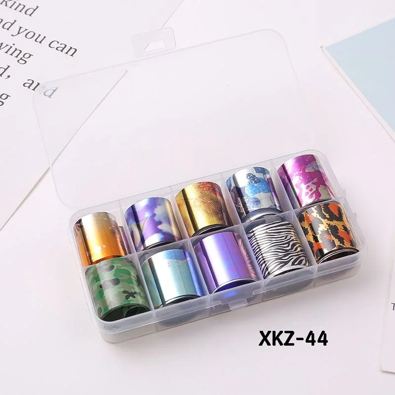 10 Rolls/ Box Charm Nail Foils Polish Stickers Metal Color Starry Paper Transfer Foil Wraps Adhesive Decals Nail Art Decorations
