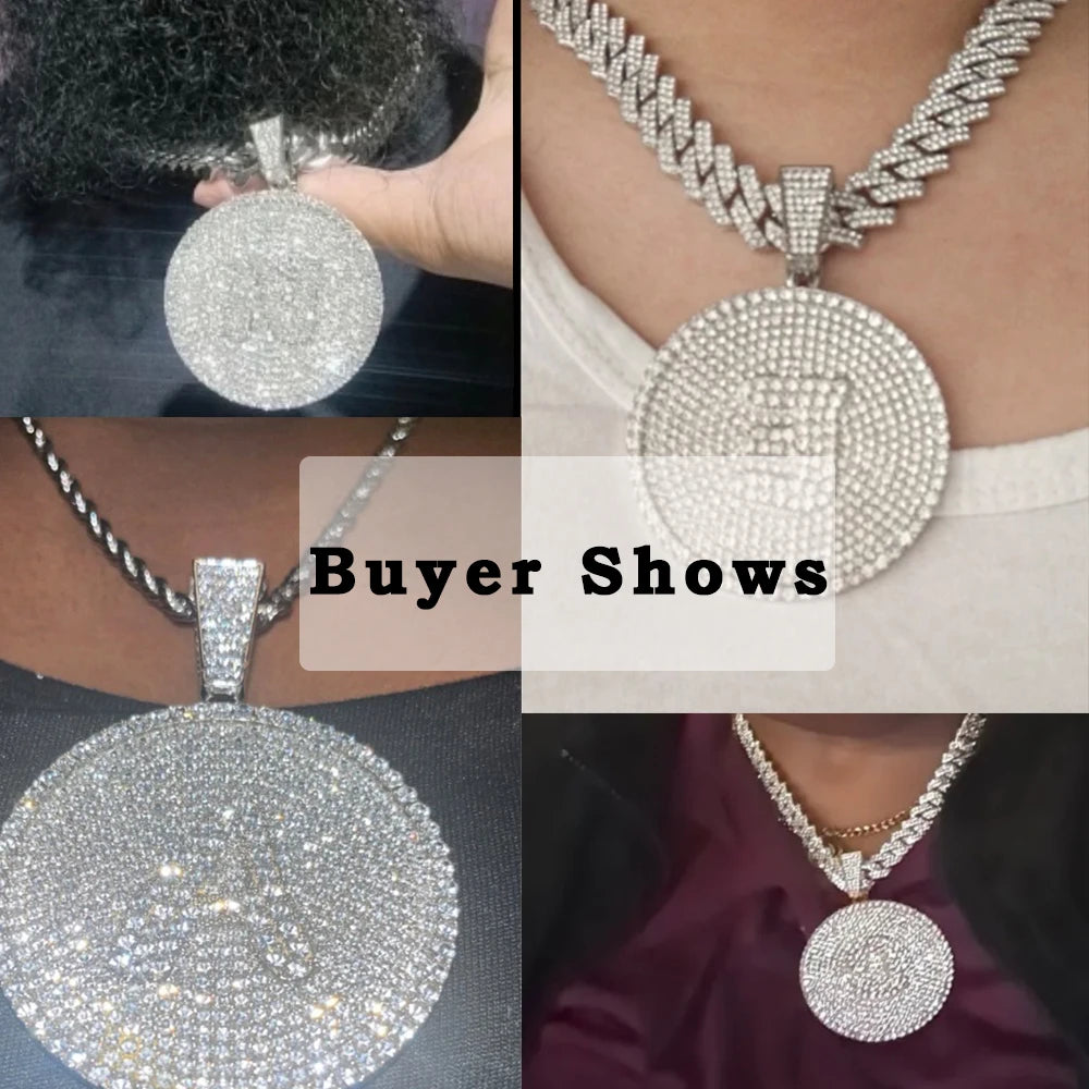 Iced Out Round Initial Pendant Necklace 14MM Rhombus Cuban Link Chain 26 Letters Chain Necklaces Women Men Hiphop Jewelry