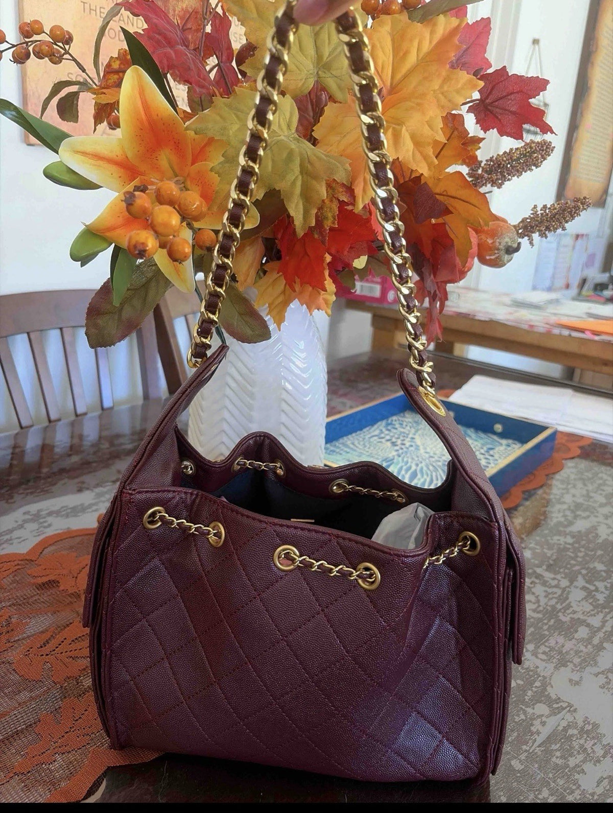 CHANEL Burgundy Quilted Leather Drawstring Chain Shoulder Bag Gold Hardware M
