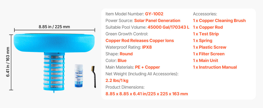 SucceBuy Solar Pool Ionizer Round Copper Floating Automatic Purifier Chlorine Free Water with Brush and Filter for Pools & Spas