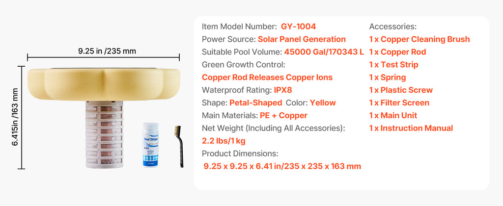 SucceBuy Solar Pool Ionizer Round Copper Floating Automatic Purifier Chlorine Free Water with Brush and Filter for Pools & Spas