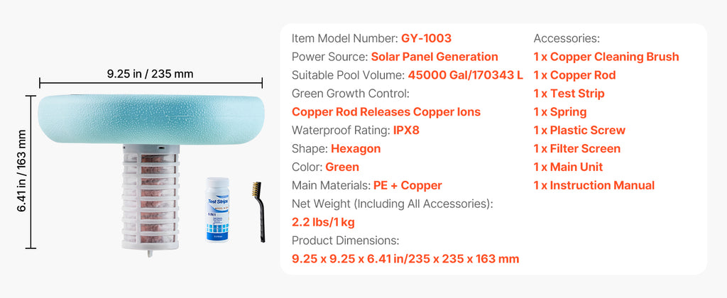 SucceBuy Solar Pool Ionizer Round Copper Floating Automatic Purifier Chlorine Free Water with Brush and Filter for Pools & Spas