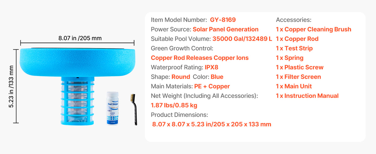 SucceBuy Solar Pool Ionizer Round Copper Floating Automatic Purifier Chlorine Free Water with Brush and Filter for Pools & Spas