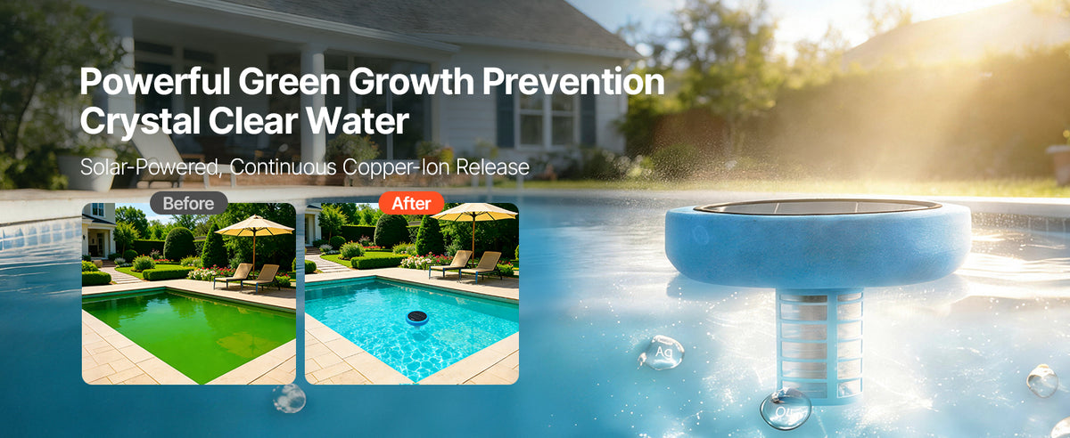 SucceBuy Solar Pool Ionizer Round Copper Floating Automatic Purifier Chlorine Free Water with Brush and Filter for Pools & Spas